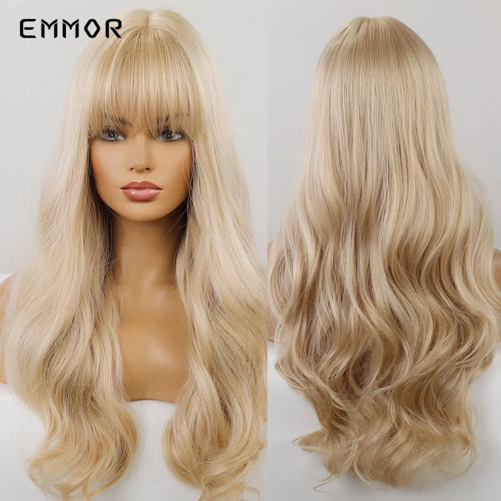 Emmor-Perruque Synthétique Longue Blond Clair avec Frange pour Femme, Cheveux Ondulés Naturels, Haute Température, Moelleux, Cosplay, 03