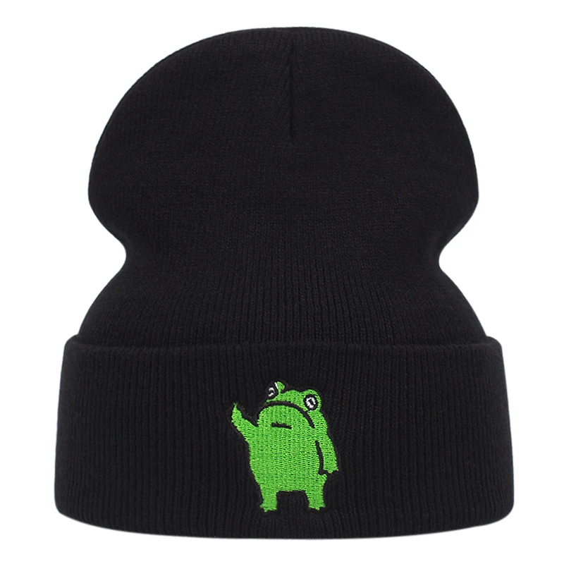 Gorro de punto de rana para hombre y mujer, gorro de algodón con bordado de dibujos animados, cálido, para esquí, Unisex, invierno, envío directo