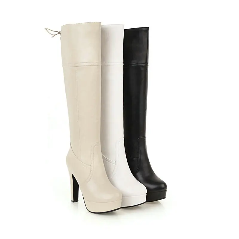 Fashion Women Knee High Boots Platform Square High Heel Women Boots Cross Tied Autumn Winter Ladies Shoes Black White Beige
