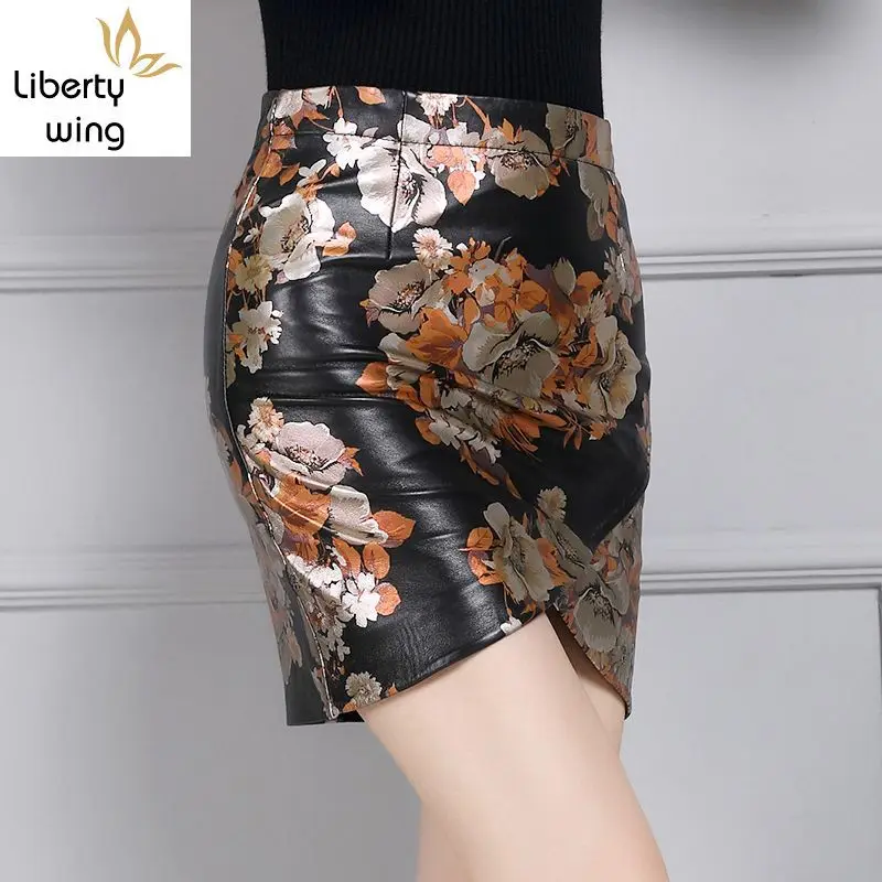 2020 New Fashion Floral Print Design Black Genuine Leather Skirts Mini Pencil Skirt Faldas Sheepskin Bottom Free Ship High Waist