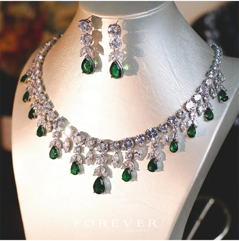 CC Wedding Jewelry Sets For Women Shine Necklace Earrings Created Emerald Stone Party Accessories