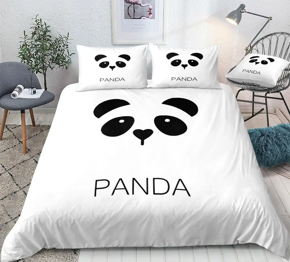 Cute Panda Bedding Kids Boys Girls Cartoon Animal Duvet Cover Set Simple Panda Sign Bed Set White Quilt Cover Queen Dropship