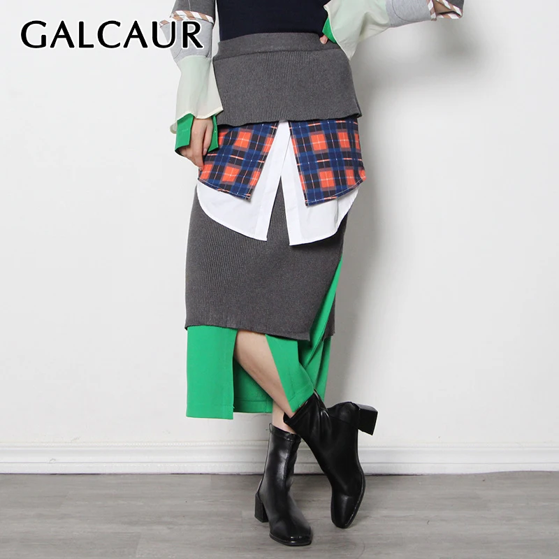 

GALCAUR Designer Skirt For Women High Waist Patchwork Hit Color Plaid Split A Line Loose Mid Skirts Female 2022 Autumn Clothing