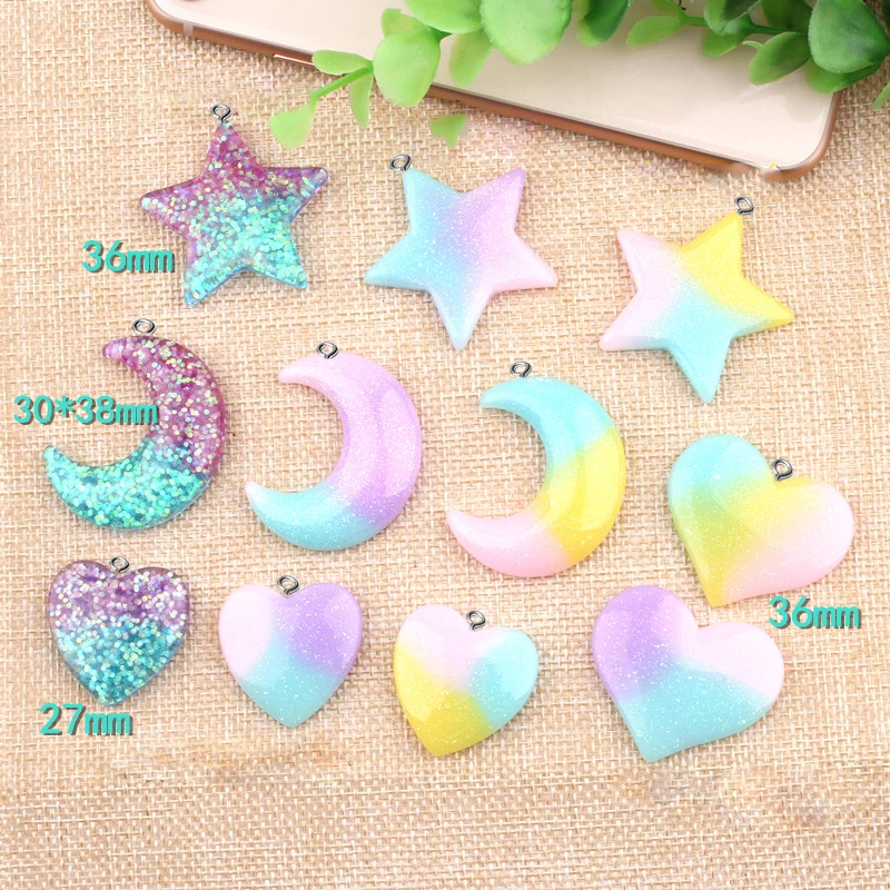 

Resin Gradient Color Glitter Heart Stars Moon Flatback Charms For Earring Necklace Keychain Pendant DIY Making Accessories