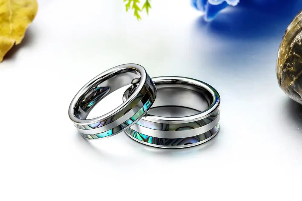 BONISKISS High Polish Tungsten Engagement Rings Set with Double Abalone Inlay for Couples Wedding Bands - 1PCS Bijoux Jewelry