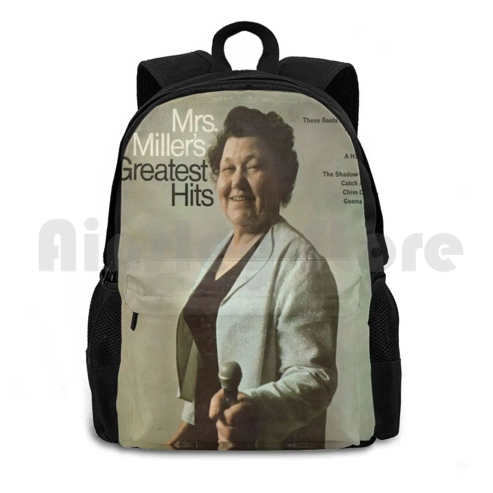 

Mrs. Elva Miller Outdoor Hiking Backpack Waterproof Camping Travel Mrs Miller 60s 1960s Musician Music The Cover Record