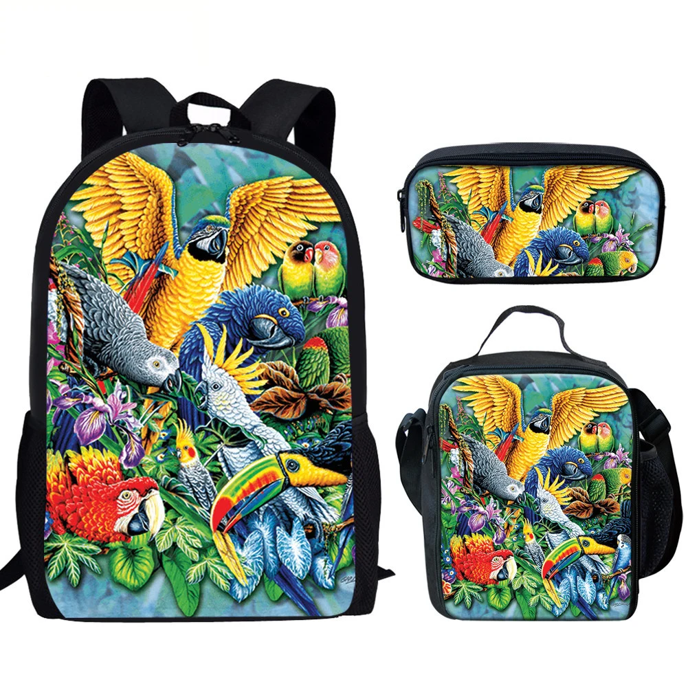 Parrot Women's Backpack Men Bird 3D Print Children's School Bags Set For Teen Girls Boys Custom Satchel Lunch Bag Pencil Case