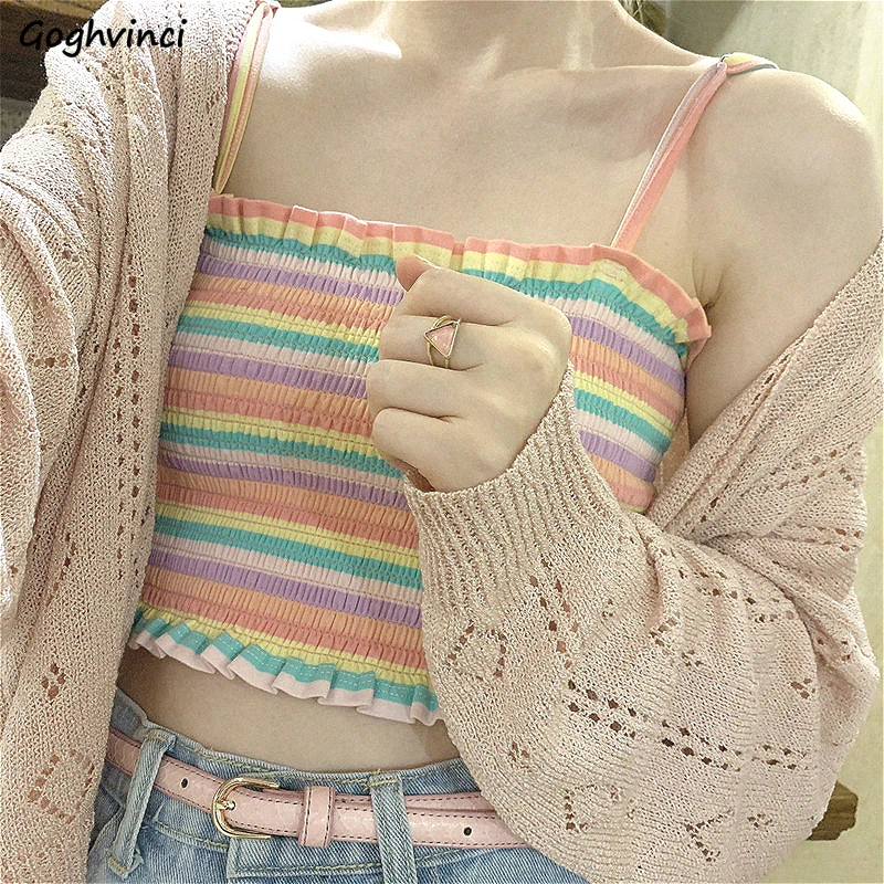 Camis Women Crop Top Summer Knitted Fashion Korean Style Chic Sexy Womens Camisoles Rainbow-striped New Slender Ins Casual Retro