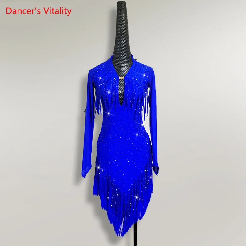 

Latin Dance Dress Full Diamond Tassel Long Skirt Performance Clothing High-End Custom Female Adult Child Competitio Clothes