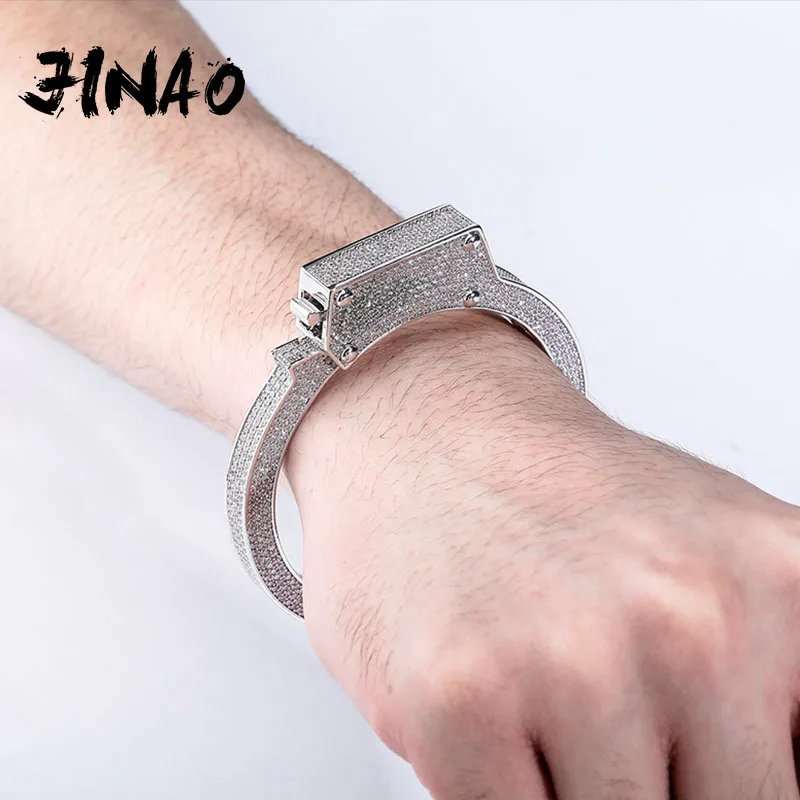 JINAO Gold Silver Color Hip Hop Jewelry Iced Out High Quality Cubic Zirconia Handcuffs Bracelet Gifts for Men Women