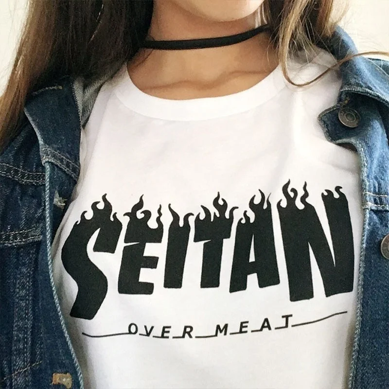 sunfiz YF Black Printed Seitan Over Meat T-shirt WomenHail Seitan Tee O Neck Short Sleeve Yellow Unisex T Shirt Aesthetic Tees