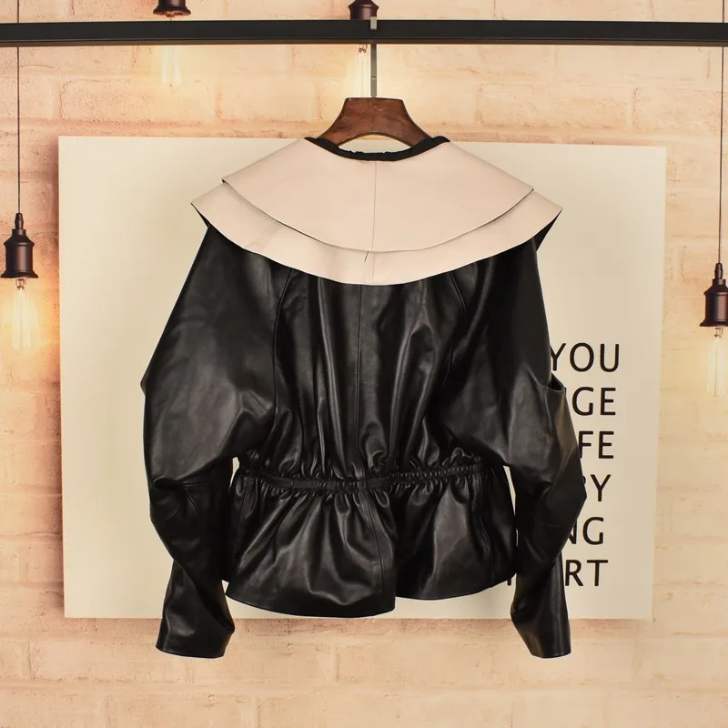 Dolce donna colletto con risvolto manica a pipistrello giacca in vera pelle da donna doppio petto elastico in vita cappotto sottile giacche di pelle di pecora