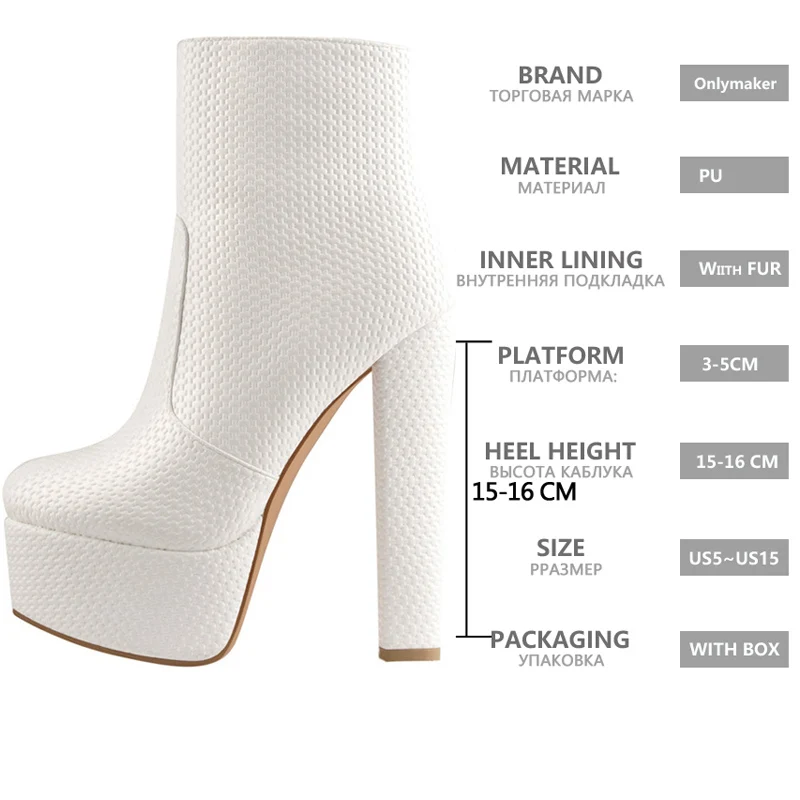 Onlymaker Platform Ankle White Boots Thick 16CM High Heel  For Women Round Toe Plus Size For Ladies Winter Booties