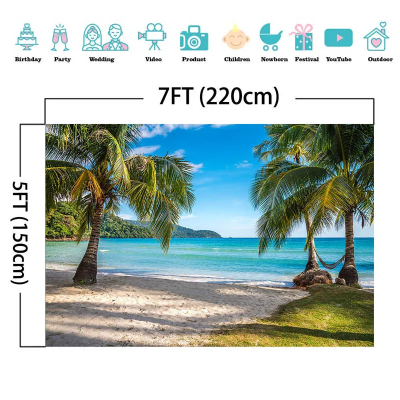 Mocsicka ฤดูร้อนฉากหลัง Tropical Sea Beach ทราย Cloudy Sky ห้องพักช่วงวันหยุด Scenic การถ่ายภาพพื้นหลัง Photocall Photo Studio