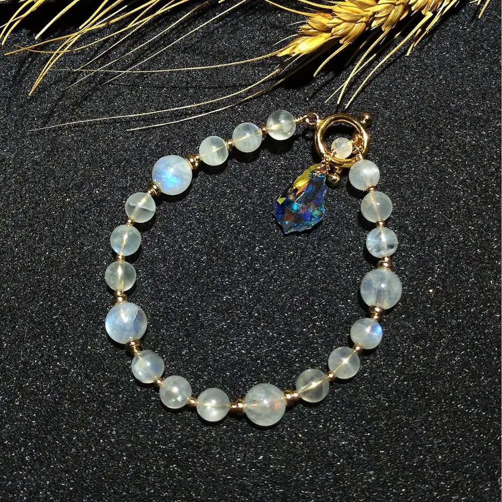 

Lii Ji Aurora Natural Moonstone 6mm 8mm Austrian Crystal Charm American 14K Gold Filled OT Clasp Bracelet 18cm