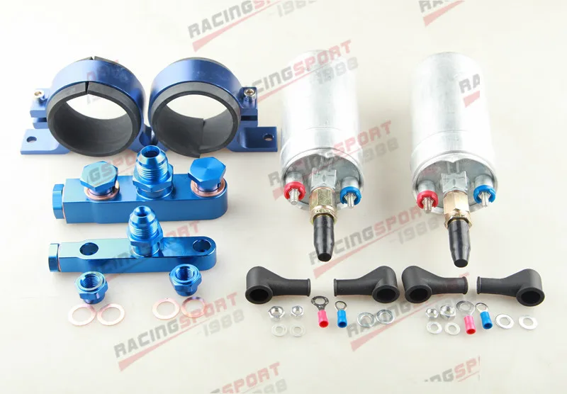 Dual Bosch 044 Fuel Pump Twin Bracket Billet Aluminum Assembly Kit Blue