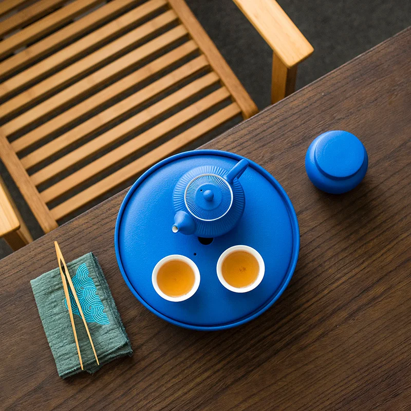 Handmade Japan Simple Style Ceramic Kungfu Tea 1 Teapot (200ML)  2 Cups (30ML) 1 Tea Caddy (230ML) 1 Tea Tray Set Blue