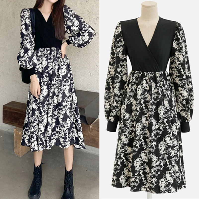 

2023 Autumn Winter Dresses Oversize Women Dress Patchwork Thick Print Lady Vestidos V-Neck Bohemian Robe Long Sleeve Dress KE620