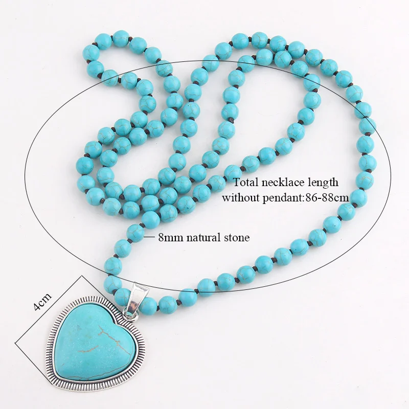 Fashion Bohemian Jewelry Accessory 8mm Stones Knotted With Stone Heart Pendant Necklaces For Women Boho Gift