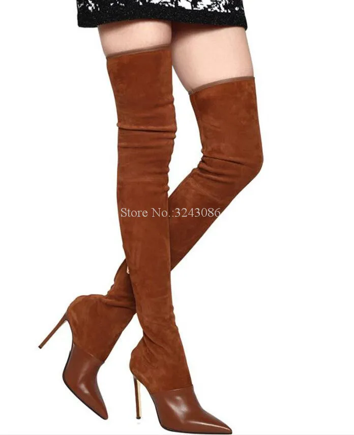 

Lady New Brown Color Thigh High Boots Women Fashion Pointed Toe Leather Suede Over the Knee Boots Large Size Long Boots Dropship