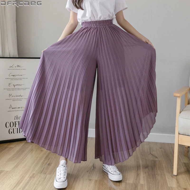 Fashion Streetwear Pleated Culotte Mujer Pants Blue Black Purple Chiffon Trousers Stretch High Waist Loose Wide Leg Pants Women