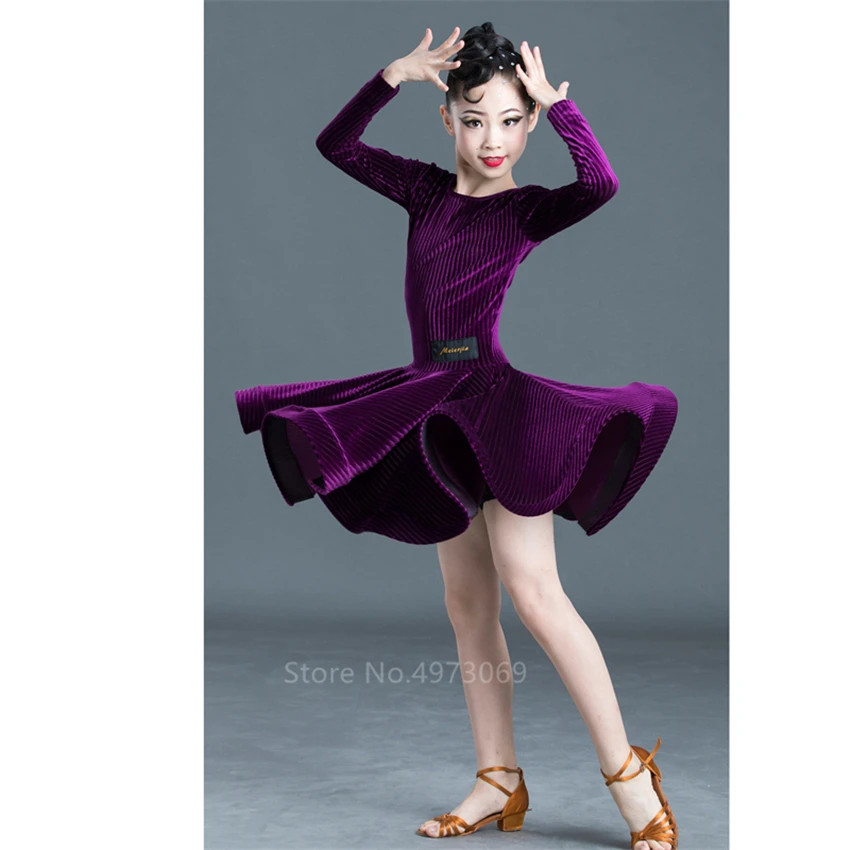 Latin Dance Dress Full Sleeve Velvet Skirts for Girl Children Autumn Winter Ballroom Tango Salsa Vestidos Women Stage Costume