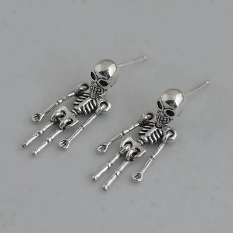 BOCAI New Real S925 pure silver jewelry skull earrings fashionable skeleton frame men's and women's earrings