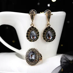 Sunspicems Vintage Grey Crystal Turkish Jewelry Drop Earring Round Ring Sets Antique Gold Color Bohemia Wedding Bijoux Gift