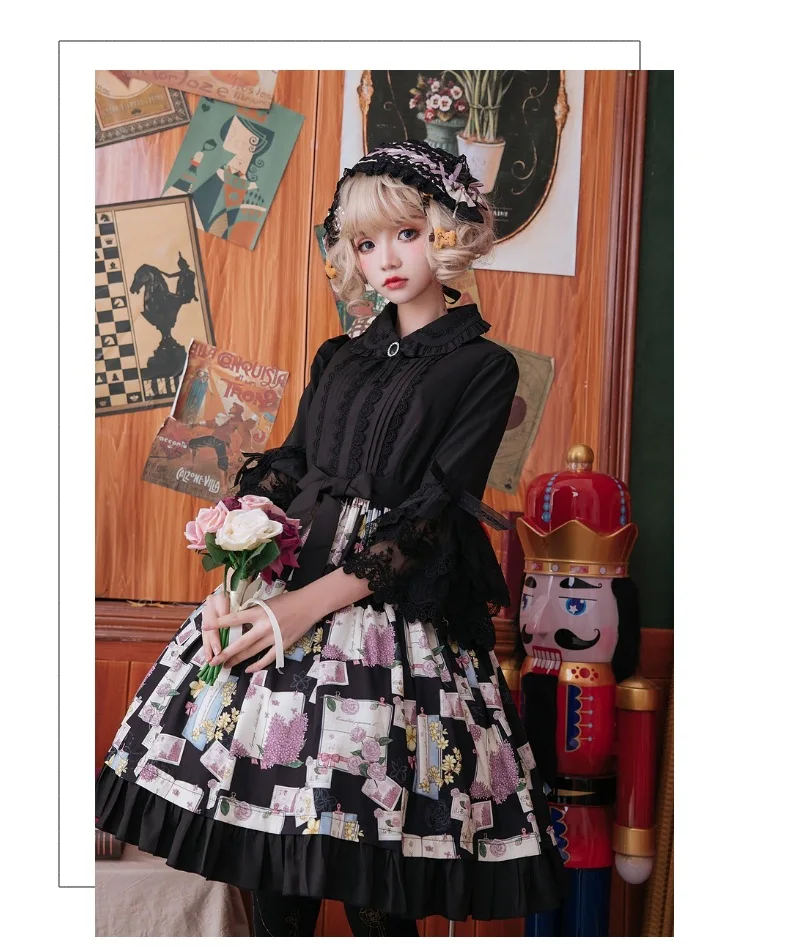 Sweet lolita strap dress vintage  bowknot cute printing high waist princess victorian dress kawaii girl gothic lolita cos loli