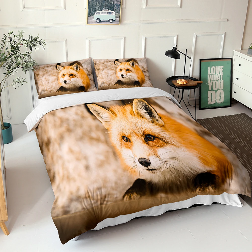 Fox Bedding Set Animal Duvet Cover for Kids Yellow Autumn Maple Leaves Comforter Set Bed Linen 3D Quilt King Size Bedroom Decor