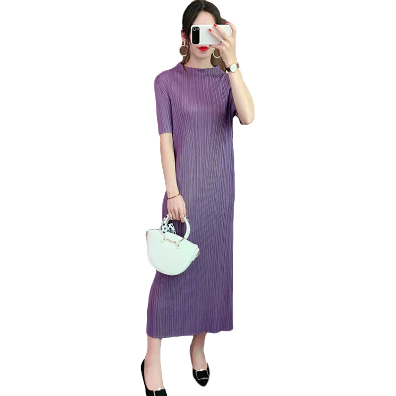 Lanmrem-vestido plissado feminino com gola em pé, vestido de manga curta, vestido de fundo fino, moda simples e casual, roxo, novo, TV734, primavera, 2021