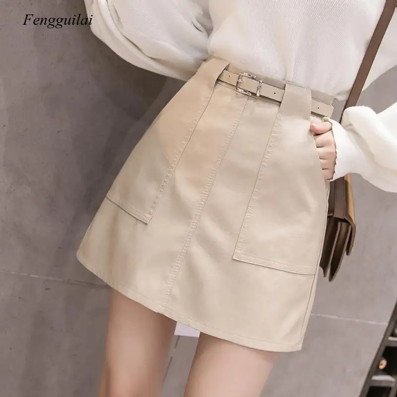 Autumn Leather Women Pencil Skirt High Waist Zipper Bodycon Mini Skirt Fashion Pocket Winter Ladies Streetwear