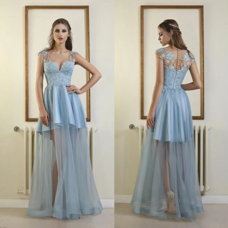 Céu azul vestidos de baile 2020 apliques cetim tule com decote em v até o chão árabe vestidos de noite formal festa usar ilusão celebridade