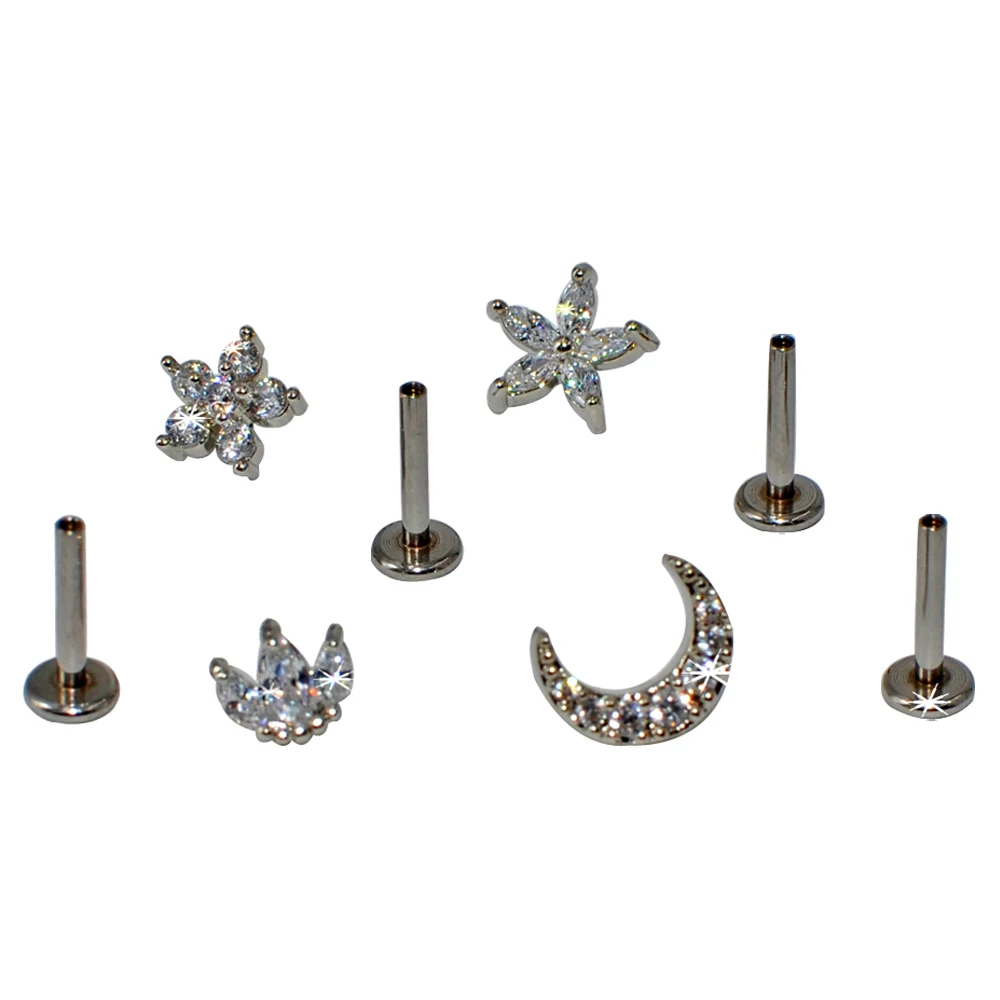 1PC G23 Titanium&Steel 16G CZ Gem Moon Labret Lip Bar Ring Crystal Flower Ear Cartilage Tragus Helix Piercing Screw Fit Top 16g
