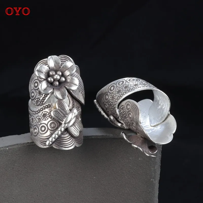 

Thailand Chiang Mai handmade S925 sterling silver dragonfly leaf flower wide version exaggerated Thai silver ring female opening