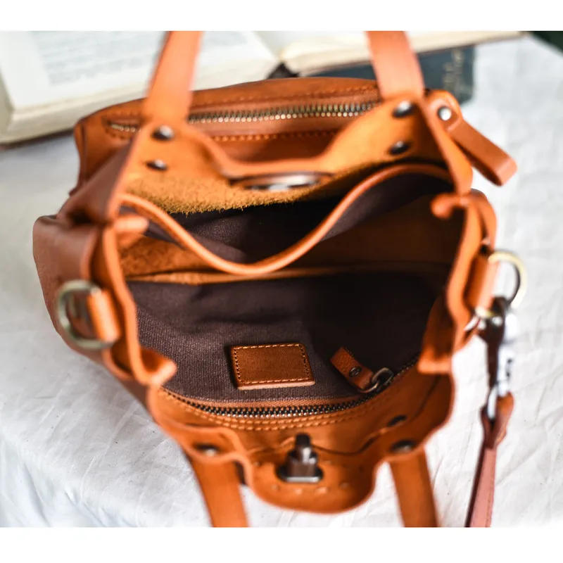 Vintage high-quality handmade Genuine leather kitty bag natural cowhide lock handbag soft leather shoulder messenger female bag