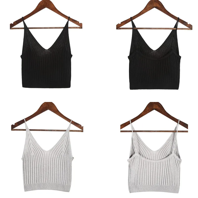 Women Sexy Knitted Crop Top V-neck Slim Strappy Vest Camisole Casual Solid High Elastic Basic Tank Sleeveless Short Shirts