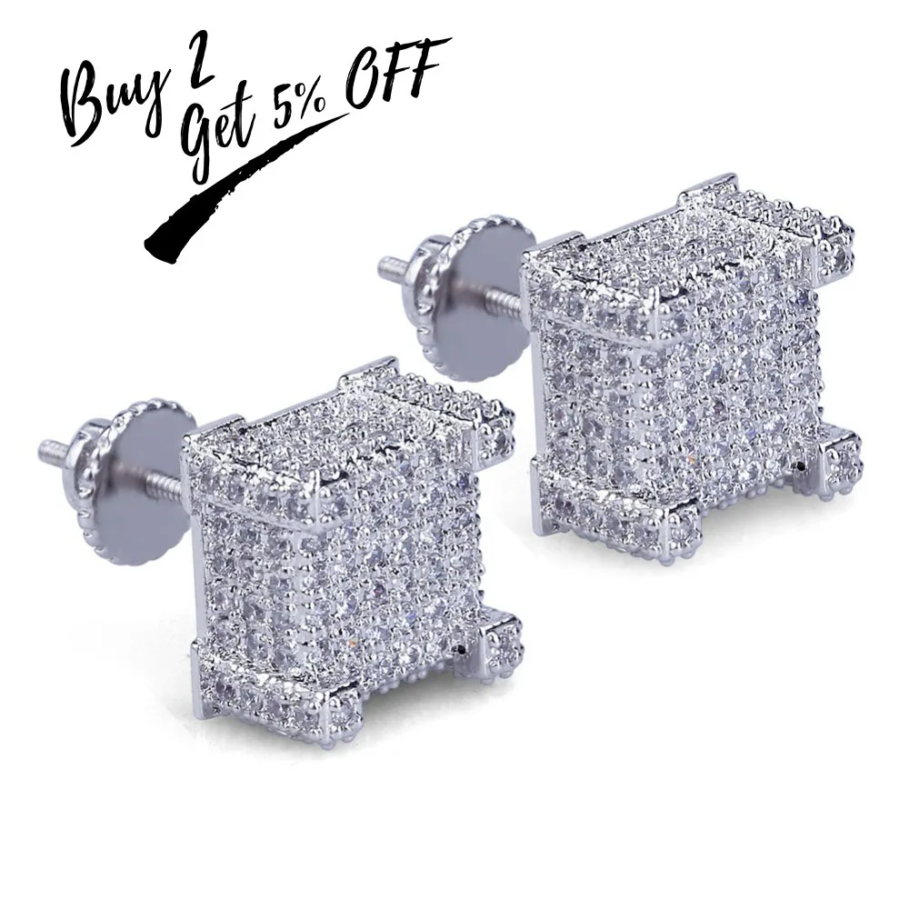 TOPGRILLZ Gold/Silver Color All Iced Out Micro Pave CZ Stone Square Stud Earring Hip Hop Rock Jewelry Earrings For Women Men