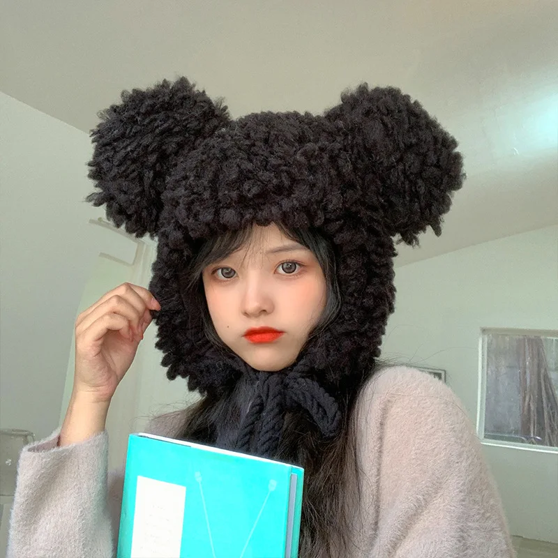 

Women Winter Thicken Plush Warm Earflap Hat Cute Bear Ears Windproof Beanie Cap With Drawstring Chin Strap Neck Scarf Cap