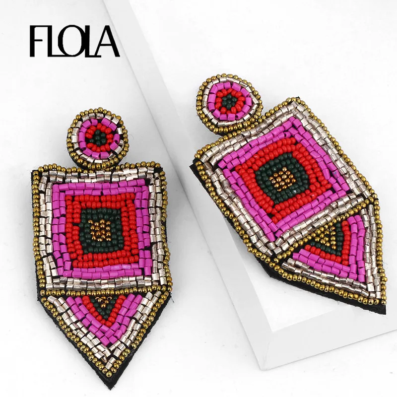 FLOLA Boho Big Beaded Earrings For Women Geometric Bohemian Drop Earring Hanamade Fashion Women Jewelry oorbellen hangers erst05