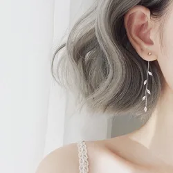 Long Silver Plated Crystal Leaf Tassel Drop Earrings For Women Wedding Fashion Silver Color Willow Leaf Earrings Jewelry Gift