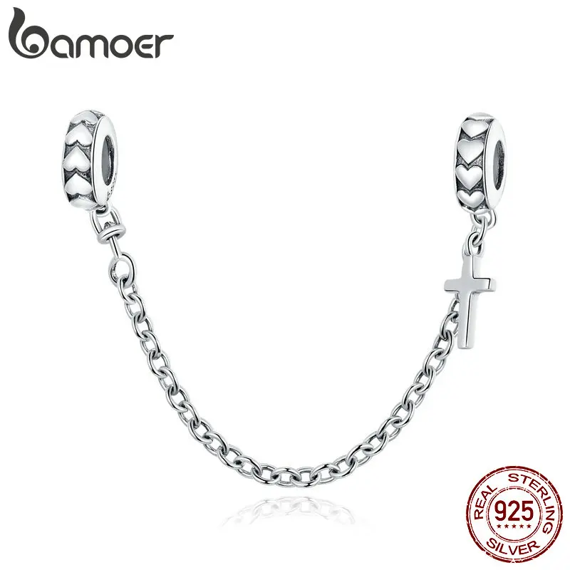 bamoer 925 Sterling Silver Simple Cross Safety Chain Charm for Original Silver Bracelet Charms with Silicone Stopper BSC362