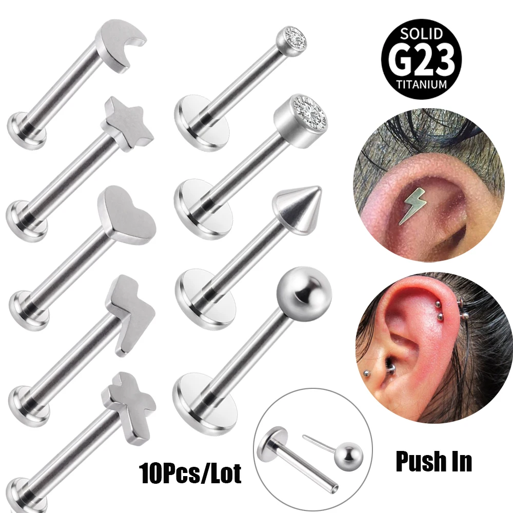 

10Pcs G23 Titanium Push In Labret Lip Rings Ear Tragus Cartilage Piercing Stud Lobe Earrings With Heart Corss Star lighting