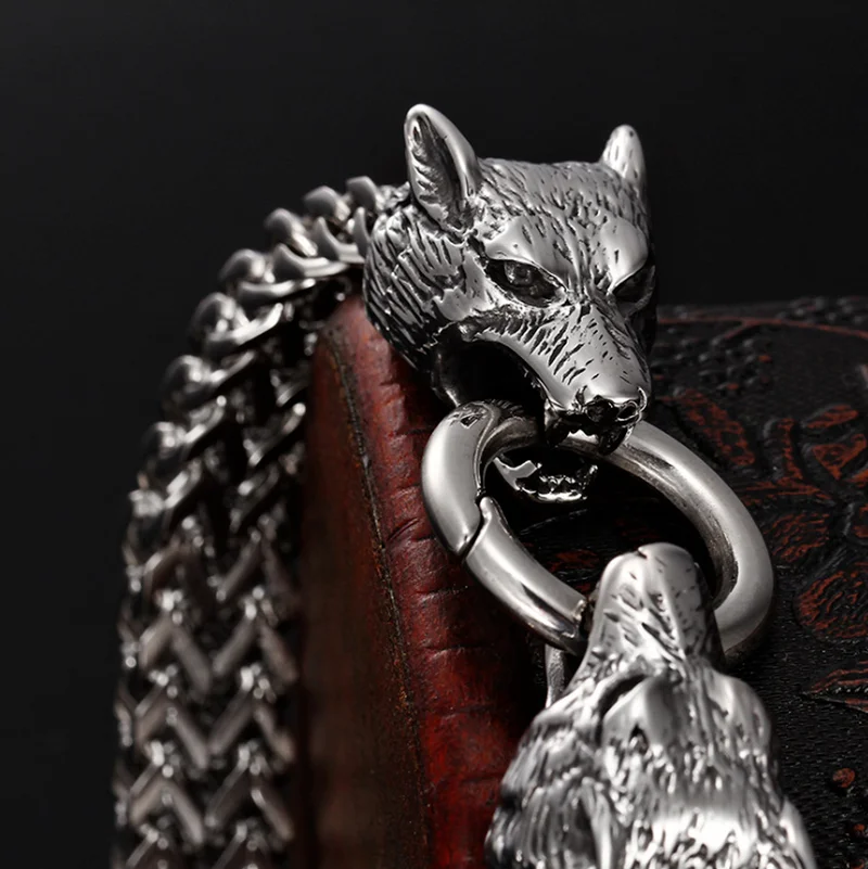 Stainless Steel Double Wolf Head Bracelet for Men Retro Punk Mesh Chain Animal Bracelet Hip Hop Rock Party Nordic Jewelry