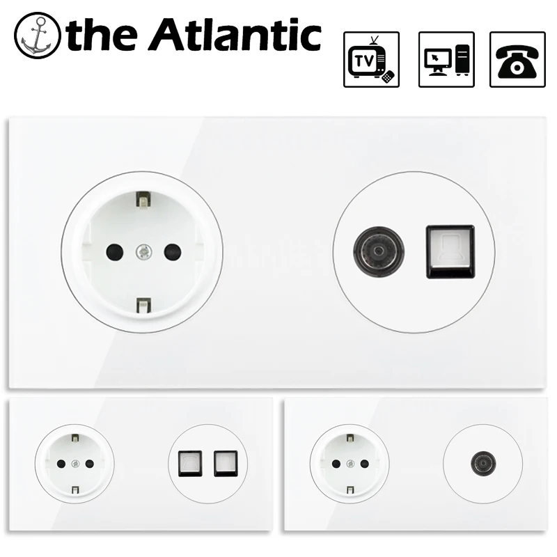 EU Plug Wall Power TV Signal Television RJ45 Cat5e Computer Telephone Cat3 Satellite Antenna Socket Data Jack White Outlet DE