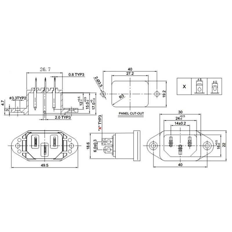 5 sztuk IEC C14 3Pin 320 wtyk męski Panel gniazda zasilania złącza AC 250V 10A