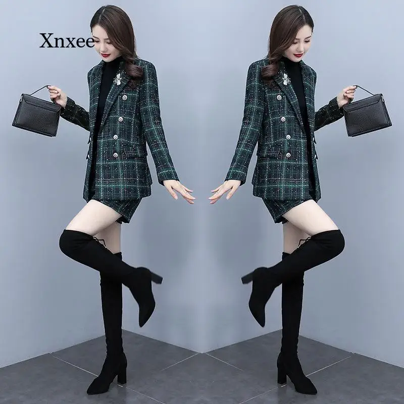 

Autumn and Winter Women's Casual Suit Suit British Green Double-Breasted Plaid Suit Jacket Shorts Two-Piece Suit