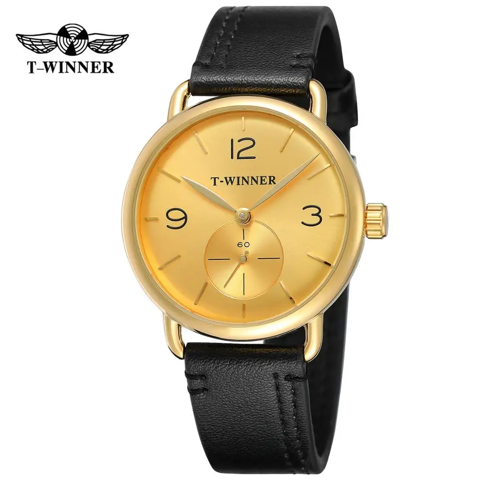 

T-WINNER Fashion simple casual men's watch round gold dial and case black leather strap automatic mechanical watch