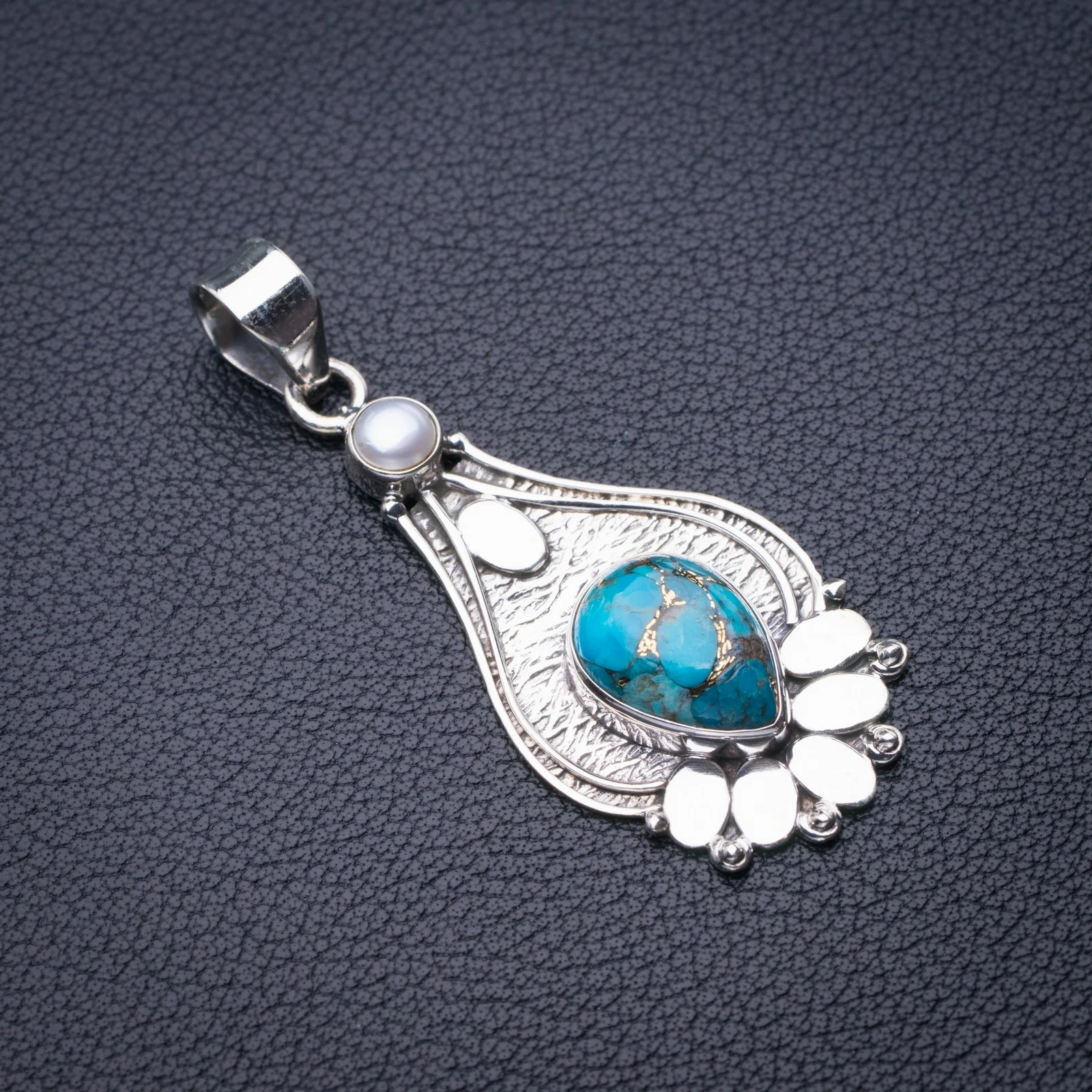 

StarGems Natural Copper Turquoise And River Pearl Handmade 925 Sterling Silver Pendant 2" D6173