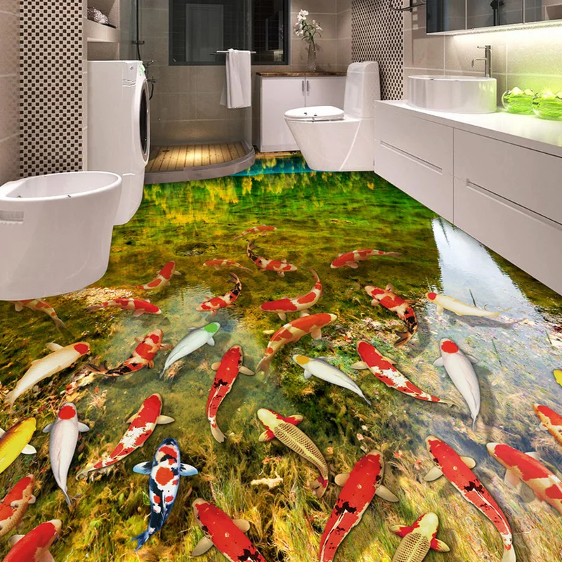 Custom Lake Water Carps Murals PVC Waterproof Self-adhesive 3D Floor Bathroom Bedroom Floor Sticker Vinyl Wallpaper Home Decor